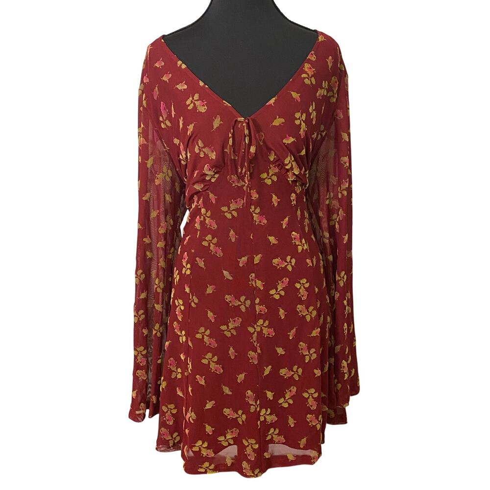 Betsey Johnson XXL Babydoll Burgundy Floral Bell Sleeve Mesh Mini Dress Boho Y2K